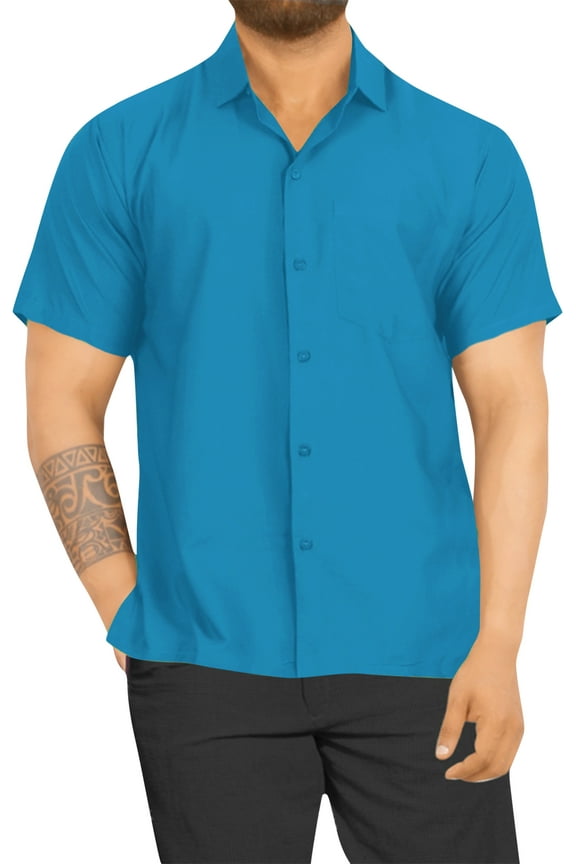 Men's Summer Solid Shirts Casual Short Sleeve Button Down Shirts Hawaiian Shirt for Men L Turquoise, Plain
