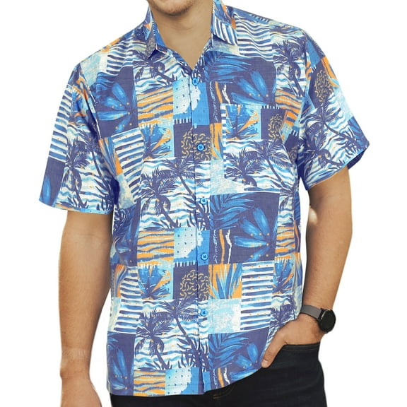 HAPPY BAY Men's Summer Tops Holiday Stylish Button Down Hawaii Aloha Party Shirt Short Sleeve Men Vacation Beach Shirt M Blue, Floral