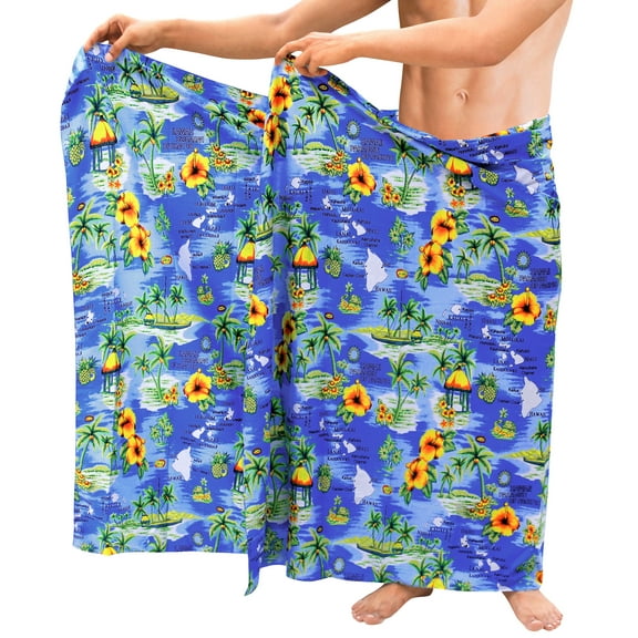 HAPPY BAY Men's Swim Trunk Bathing Suit Sarong Pareo Beach Wrap One Size Lapis, Floral Hibiscus Palm Tree Summer Vacation Party