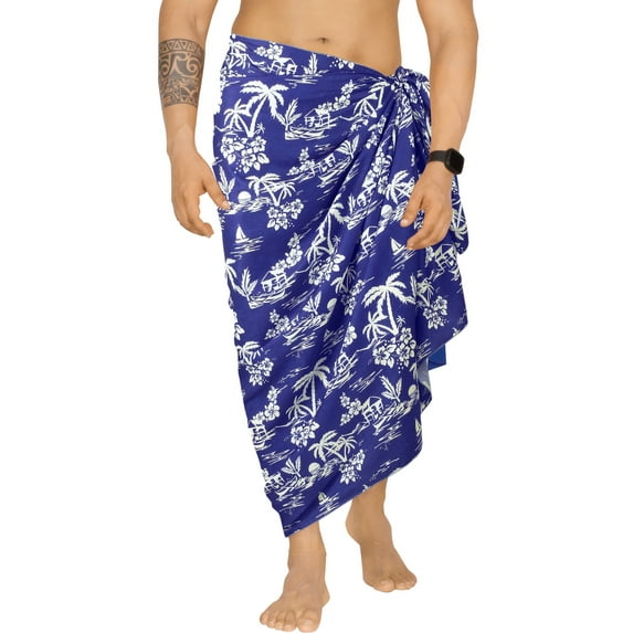 HAPPY BAY Men's Swim Trunk Swimsuits Sarong Pareo Wrap One Size Cobalt, Hibiscus Summer Vacation Party
