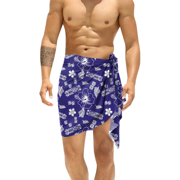 HAPPY BAY Men's Swimwear Cover Up Samoan Beachwear Summer Pareo Standard Sarong Wrap Casual Vacation Lava Lava for Men Cover-Up One Size Floral Hibiscus, Royal Blue For Dad