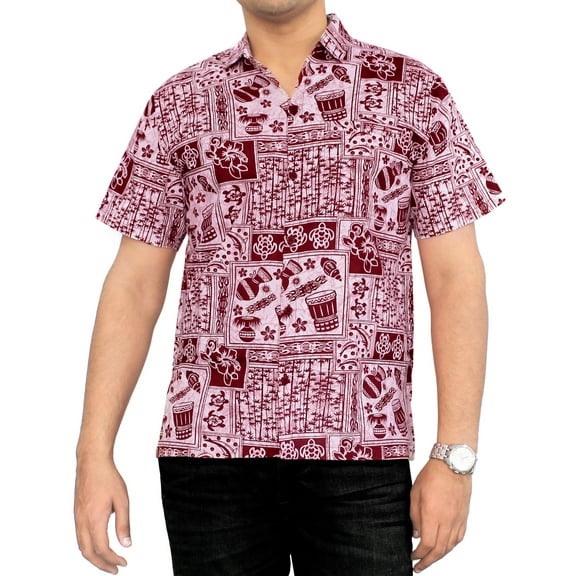 HAPPY BAY Men's Tropical Floral Beach Shirts Casual Short Sleeve Button Down Shirts Hawaiian Shirt for Men XS Hawaii Tribal, Red