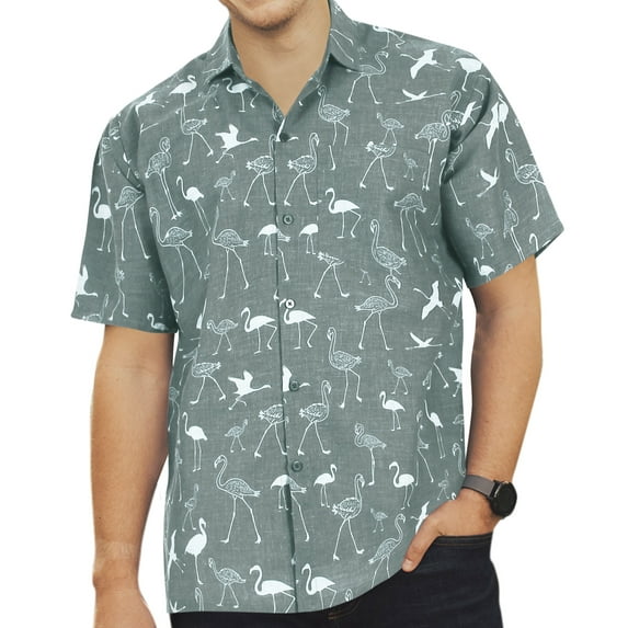 HAPPY BAY Men's Vacation Front Pocket Cruise Tops Button Down Shirt Summer Aloha Holiday Camping Funky Shirts For Mens M Grey, Flamingo