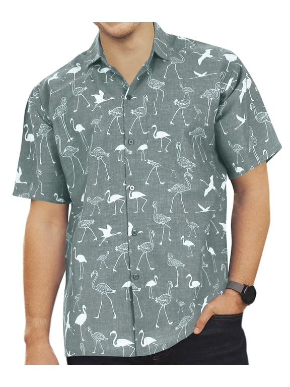Men's Vacation Front Pocket Cruise Tops Button Down Shirt Summer Aloha Holiday Camping Funky Shirts For Mens M Grey, Flamingo