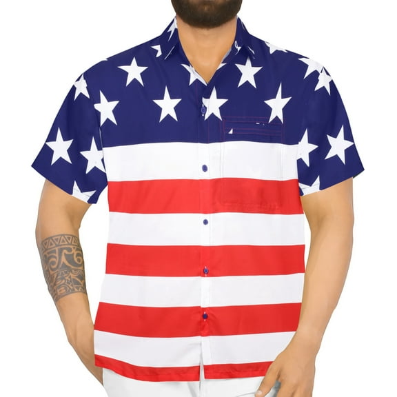 HAPPY BAY Mens Hawaiian Shirts Short Sleeve Button Down Shirt Men's 4th of July Casual Patriotic Shirts Holiday Beach Summer Party Shirts for Men Funny L Freedom Stripes, Red