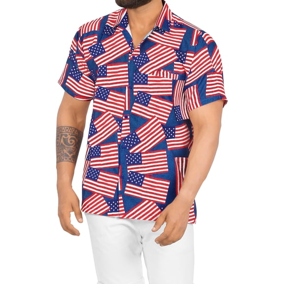 HAPPY BAY Mens Hawaiian Shirts Short Sleeve Button Down Shirt Men's 4th of July Hawaii Shirts Vacation Casual Summer Beach Patriotic Shirts for Men Funny 4XL US Flags, Red For Dad