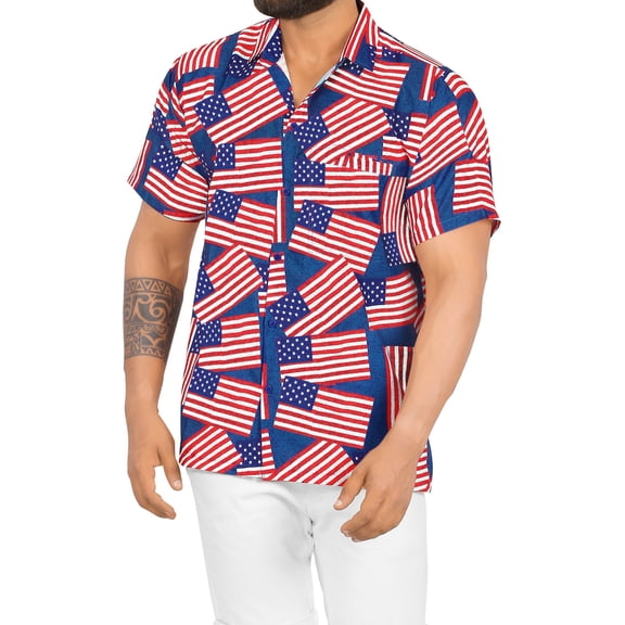 HAPPY BAY Mens Hawaiian Shirts Short Sleeve Button Down Shirt Men's 4th of July Hawaii Shirts Vacation Casual Summer Beach Patriotic Shirts for Men Funny 4XL US Flags, Red For Dad