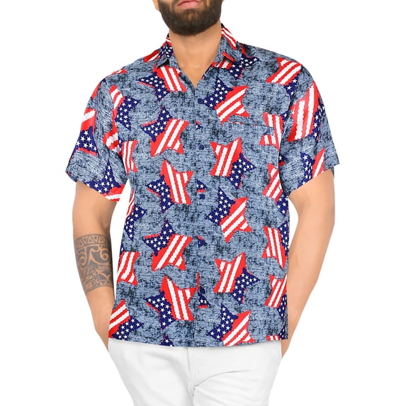 HAPPY BAY Mens Hawaiian Shirts Short Sleeve Button Down Shirt Men's 4th of July Holiday Shirts Summer Beach Casual Aloha Patriotic Shirts for Men Funny 3XL Freedom Stars, Grey Dad