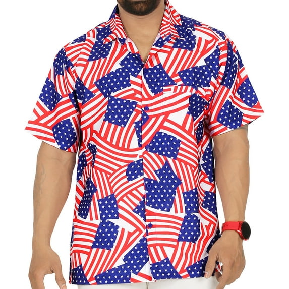 HAPPY BAY Mens Hawaiian Shirts Short Sleeve Button Down Shirt Men's 4th of July Patriotic Shirts Casual Vacation Summer Party Shirts for Men Funny 5XL Stars And Stripes, Red For Dad