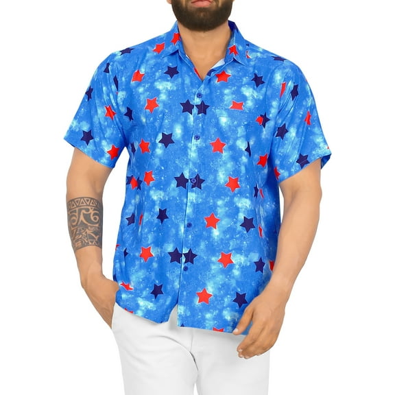 HAPPY BAY Mens Hawaiian Shirts Short Sleeve Button Down Shirt Men's 4th of July Patriotic Shirts Casual Vacation Summer Party Shirts for Men Funny S Allover Stars, Blues From Kids