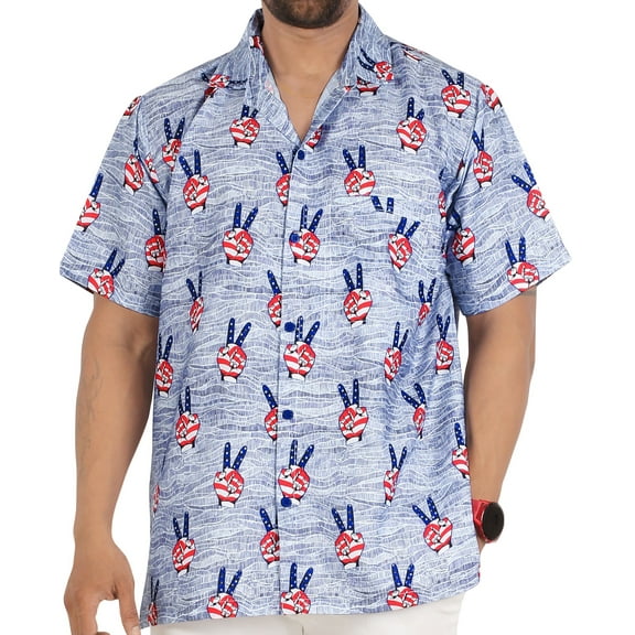 HAPPY BAY Mens Hawaiian Shirts Short Sleeve Button Down Shirt Men's 4th of July Summer Shirts Casual Beach Holiday Hawaii Patriotic Shirts for Men Funny S Victory Sign, Blue For Dad