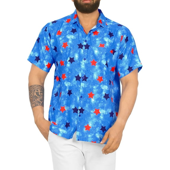 HAPPY BAY Mens Hawaiian Shirts Short Sleeve Button Down Shirt Men's 4th of July Vacation Shirts Summer Beach Casual Patriotic Shirts for Men Funny L Allover Stars, Blues From Kids