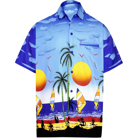 HAPPY BAY Mens Hawaiian Shirts Short Sleeve Button Down Shirt Men's Casual Shirts Vacation Tropical Beach Summer Party Shirts for Men Funny XS Pastel Blue, Palm Island View