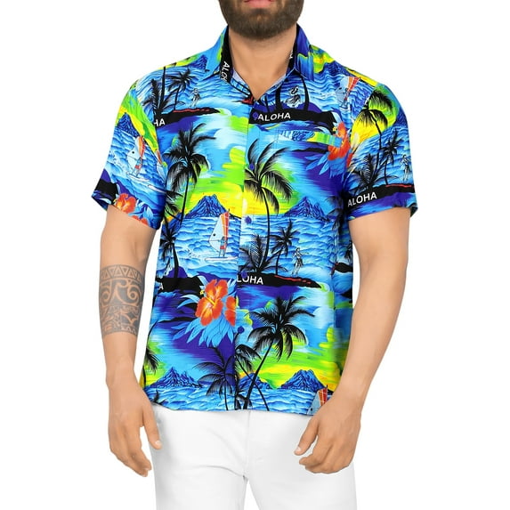 HAPPY BAY Mens Hawaiian Shirts Short Sleeve Button Down Shirt Men's Tropical Shirts Casual Vacation Summer Party Caribbean Shirts for Men Funny 6XL Metallic Beach, Blue
