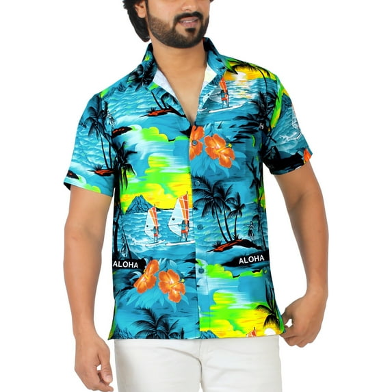 HAPPY BAY Mens Hawaiian Shirts Short Sleeve Button Down Shirt Men's Tropical Shirts Casual Vacation Summer Party Caribbean Shirts for Men Funny 7XL Island View, Autumn Turquoise