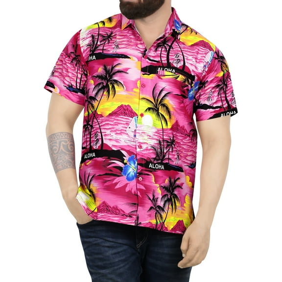 HAPPY BAY Mens Hawaiian Shirts Short Sleeve Button Down Shirt Men's Tropical Shirts Casual Vacation Summer Party Caribbean Shirts for Men Funny XL Palm Island View, Autumn Pink
