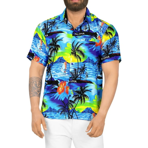 HAPPY BAY Mens Hawaiian Shirts Short Sleeve Button Down Shirt Men's Tropical Shirts Casual Vacation Summer Party Caribbean Shirts for Men Funny XS Metallic Beach, Blue