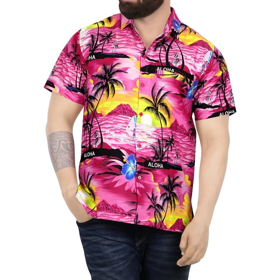 HAPPY BAY Mens Hawaiian Shirts Short Sleeve Button Down Shirt Men's Tropical Shirts Casual Vacation Summer Party Caribbean Shirts for Men Funny XXL Palm Island View, Autumn Pink