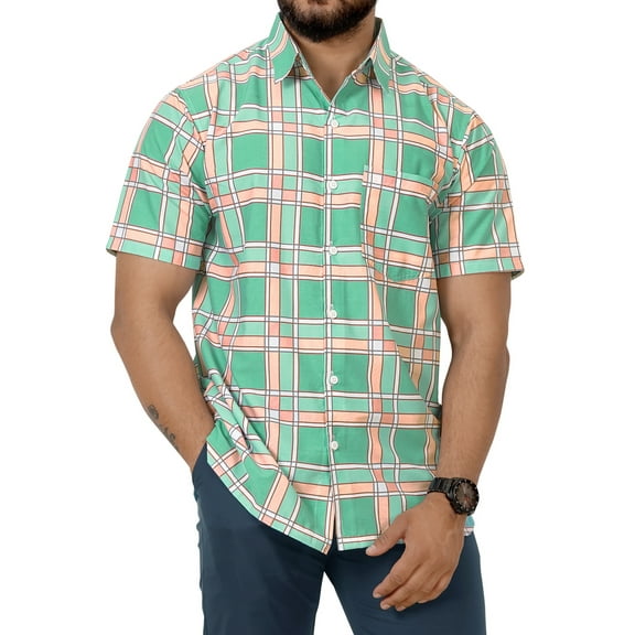 HAPPY BAY Plaid Men's Classic Short Sleeve Casual Poplin Shirts Button Down Flannel Shirt for Men S Checks Big, Green Summer