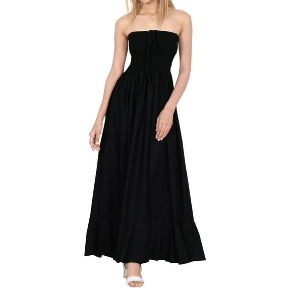 HAPPY BAY Women's A-Line Maxi Smocked Top Dress Long Beach Bohemian Strapless Tube Dresses for Women One Size Ebony, Solid