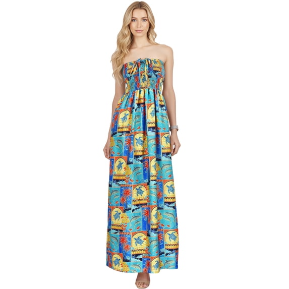 HAPPY BAY Women's A-Line Maxi Smocked Top Slit Dress Long Casual Strapless Tube Dresses for Women One Size Cobalt, Hawaiian