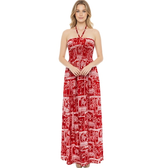 HAPPY BAY Women's A-Line Maxi Smocked Top Slit Dress Long Casual Strapless Tube Dresses for Women One Size Red, Tropical