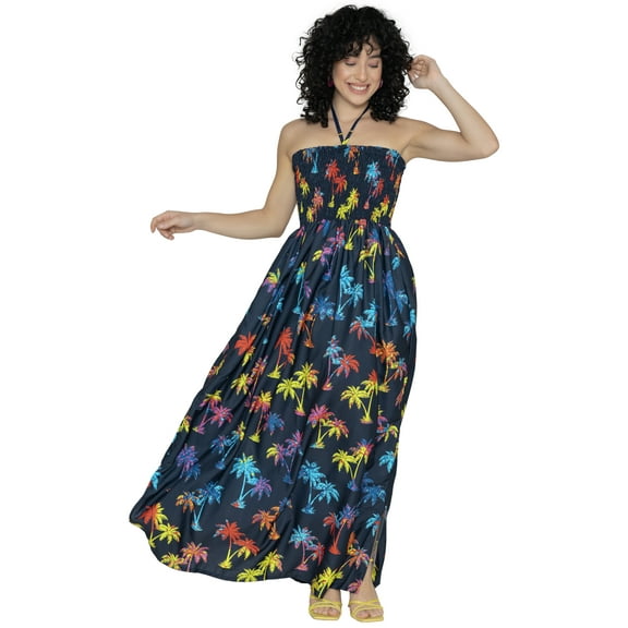 HAPPY BAY Women's A-Line Slit Maxi Dress Boho Smocked Top Evening Long Strapless Tube Dresses for Women L-XL Palm Tree, Blue