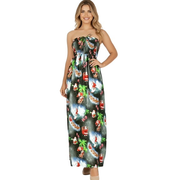 HAPPY BAY Women's A line Slit Maxi Casual Beach Dress Tube Top Evening Long Strapless Tacky Christmas Tree Dresses for Women L-XL Black, Palm Tree