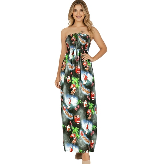 HAPPY BAY Women's A line Slit Maxi Casual Beach Dress Tube Top Evening Long Strapless Tacky Christmas Tree Dresses for Women L-XL Black, Palm Tree