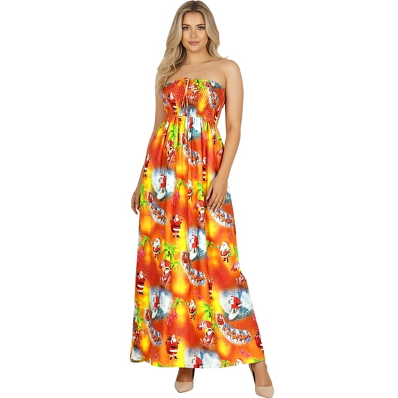 HAPPY BAY Women's A line Slit Smocked Maxi Casual Beach Dress Tube Top Evening Long Strapless Christmas Outfits for Women L-XL Tangerine, Christmas