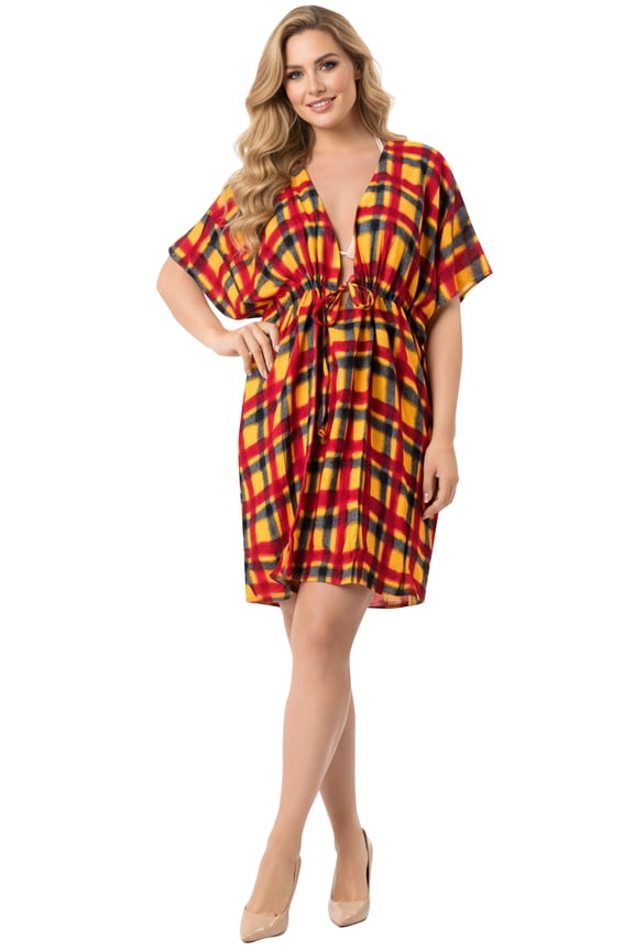 Women's Bathing Suit Swimwear Cover-up Mini Wrap Dresses XL-XXL Ruby, Checks