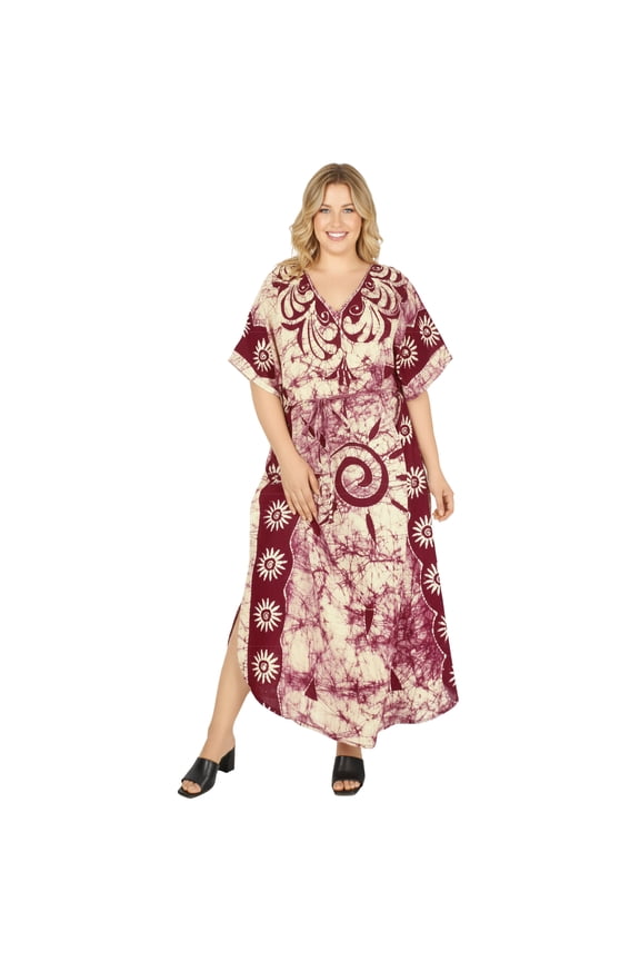 Women's Batik Caftan Loungewear House Dashiki Dress Kaftan Nightshirts for Women Sleepwear Plus size 2X-3X Burgundy, Sun