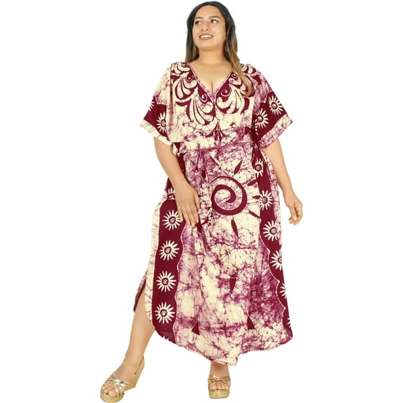 HAPPY BAY Women's Batik Caftan Loungewear House Dashiki Dress Kaftan Nightshirts for Women Sleepwear Plus size 2X-3X Burgundy, Sun