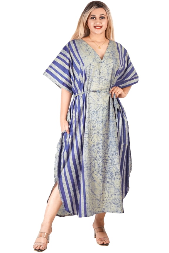 Women's Batik Caftan Loungewear House Dashiki Dress Kaftan Nightshirts for Women Sleepwear Plus size 2X-3X Cobalt, Stripes