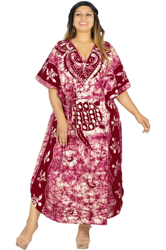 Women's Batik Caftan Maxi Night Loungewear Dashiki House Dress V Neck Kaftan Sleepwear for Women Nightgown 2X-3X Maroon, Turtle