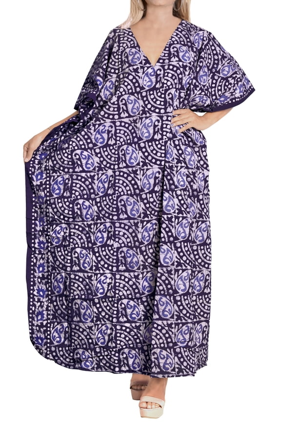 Women's Batik Caftan Maxi Night Loungewear Dashiki House Dress V Neck Kaftan Sleepwear for Women Nightgown Plus size 3X-4X Blue, Leaves