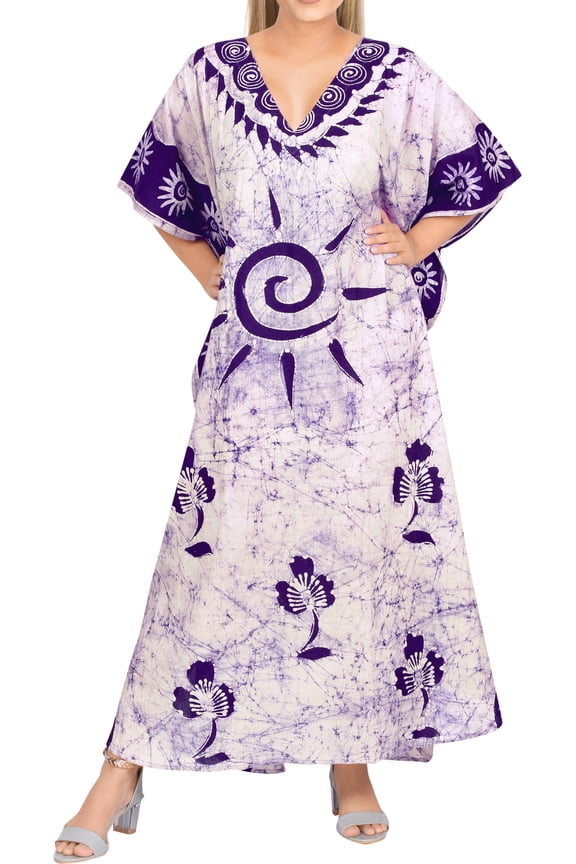Women's Batik Long Kaftan Loungewear Dashiki House Dress V Neck Caftan Sleepwear for Women Nightgown Plus size 2X-3X Fabulous Grape, Sun