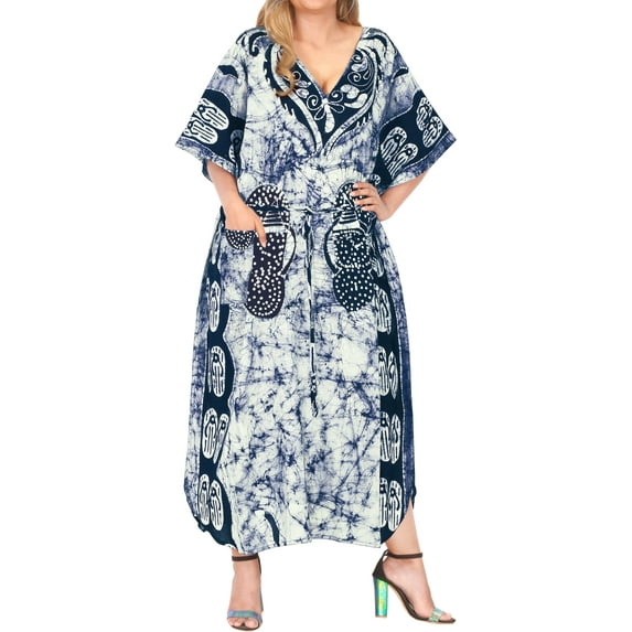 HAPPY BAY Women's Batik Sleepwear Caftan Maxi Loungewear Dashiki House Dress with Pockets Nightgowns for Women plus size 2X-3X Navy, Polka Dots