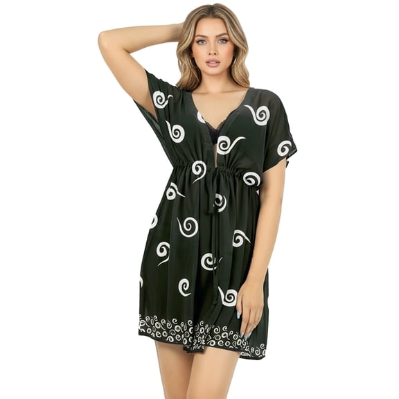 HAPPY BAY Women's Beach Bikini Sheer Chiffon Cover up V Neck Dress Bathing Suit Cover Ups for Swimwear for Women XL-XXL Spiral, Black