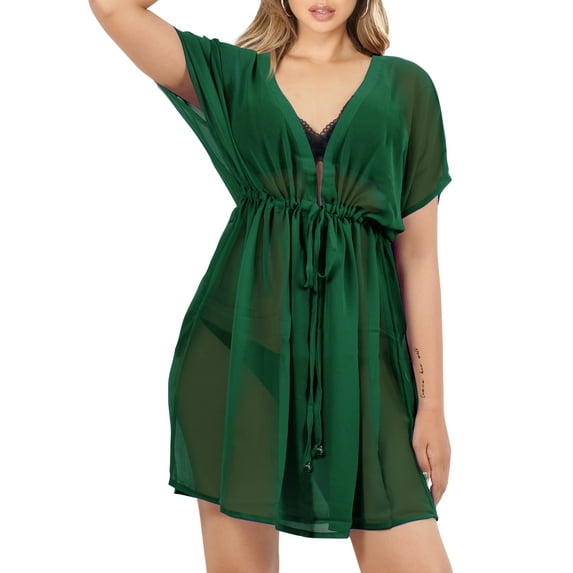 HAPPY BAY Women's Beach Bikini Sheer Chiffon Cover up V Neck Dress Bathing Suit Swimsuit Coverup for Women XL-XXL Solid Plain, Dark Green