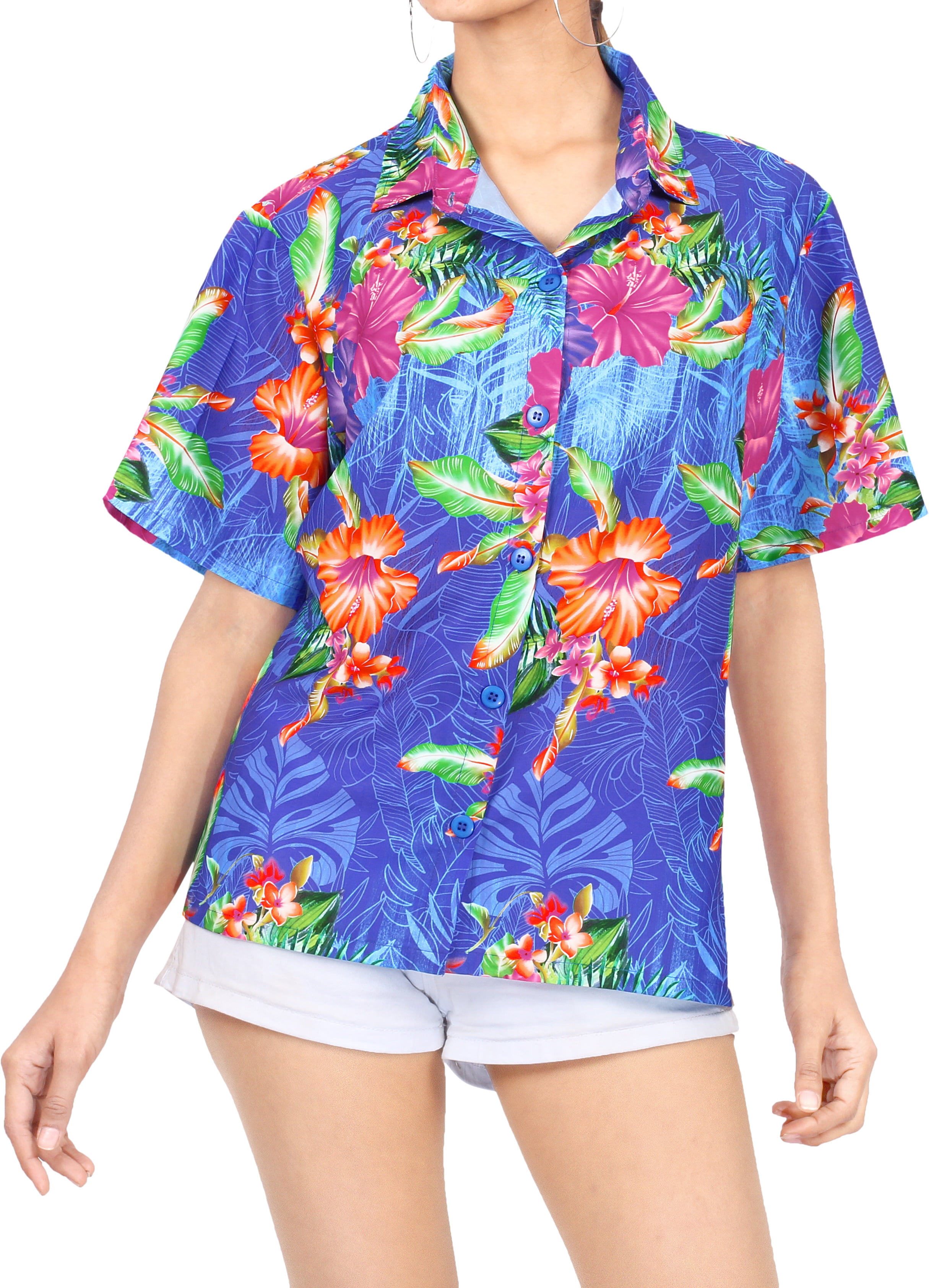 HAPPY BAY Women's Beach Button Down Short Sleeve Tunic Hawaiian Shirt M