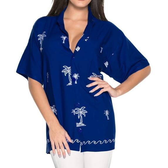 HAPPY BAY Women's Beach Button Down Short-Sleeve Hawaiian Shirt Summer Holidays Bohemian Party Tops Elegant Boho Shirt For Women XXL Palm Tree, Royal Blue