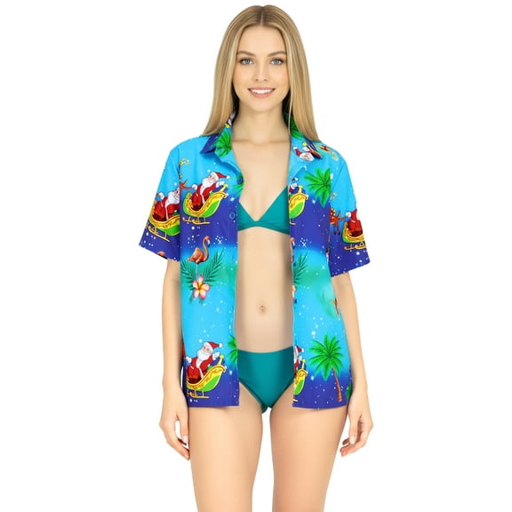 HAPPY BAY Women's Beach Funny Santa Claus Party Blouse Flamingo Shirt Tops Button Down Hawaiian Christmas Tree Shirts for Women XXL Santa Surf, Blue
