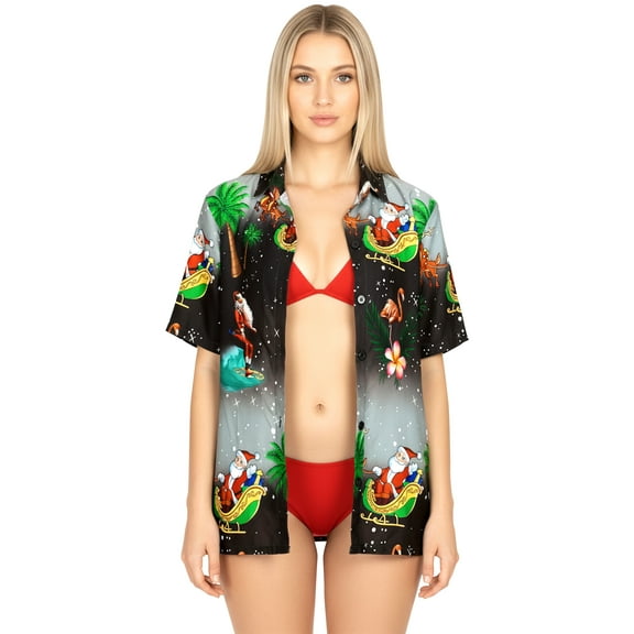 HAPPY BAY Women's Beach Funny Santa Claus Party Blouse Flamingo Shirt Tops Short Sleeve Hawaiian Christmas Tree Shirts for Women XXL Santa Surf, Black