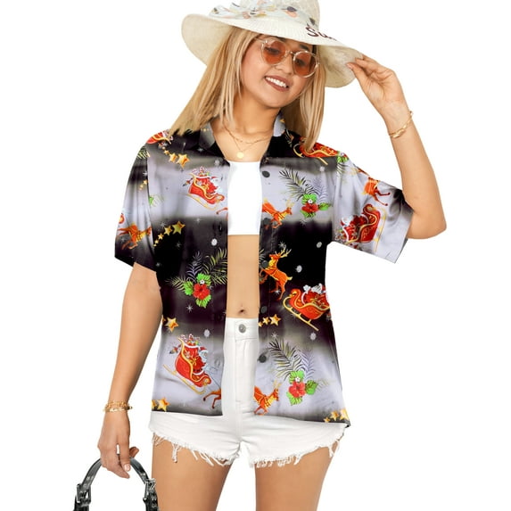 HAPPY BAY Women's Beach Funny Santa Claus Party Blouse Shirt Tops Button Down Christmas Tree Hawaiian Shirts Women M Santa Reindeer Sleigh, Black