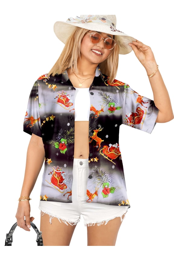 Women's Beach Funny Santa Claus Party Blouse Shirt Tops Button Down Christmas Tree Hawaiian Shirts Women S Santa Reindeer Sleigh, Black