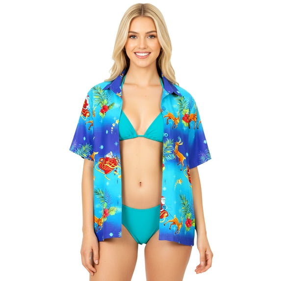 HAPPY BAY Women's Beach Funny Santa Claus Party Shirt Blouse Short Sleeve Tops Hawaiian Christmas Tree Shirts for Women M Santa Reindeer Sleigh, Blue