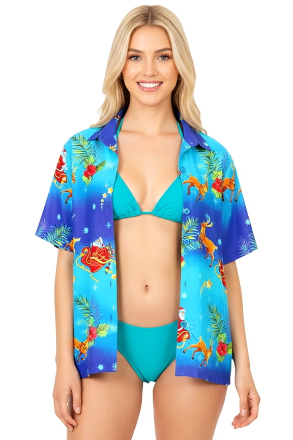 Women's Beach Funny Santa Claus Party Shirt Blouse Short Sleeve Tops Hawaiian Christmas Tree Shirts for Women M Santa Reindeer Sleigh, Blue