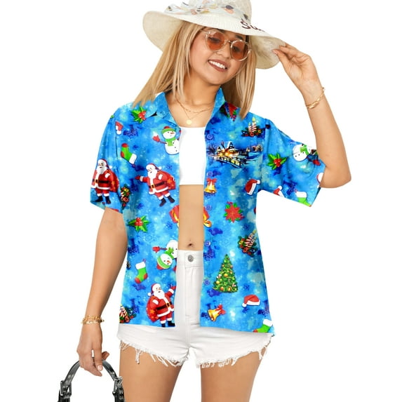 HAPPY BAY Women's Beach Funny Santa Claus Party Shirt Blouse Short Sleeve Tops Shirts Hawaiian Christmas Tree Blouses for Women S Xmas Tree Gifts, Blue