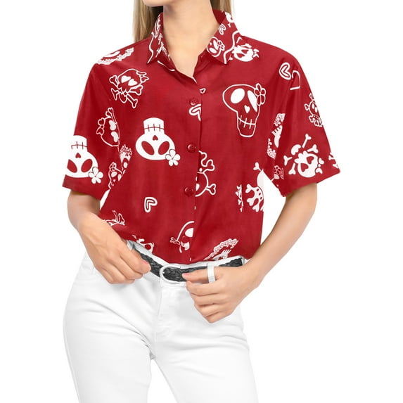 HAPPY BAY Women's Beach Costumes Blouse Shirt Cute Hawaiian Skull Print Tops Short Sleeve Button Down Holiday Party Shirts for Women S Cartoon Spooky Red